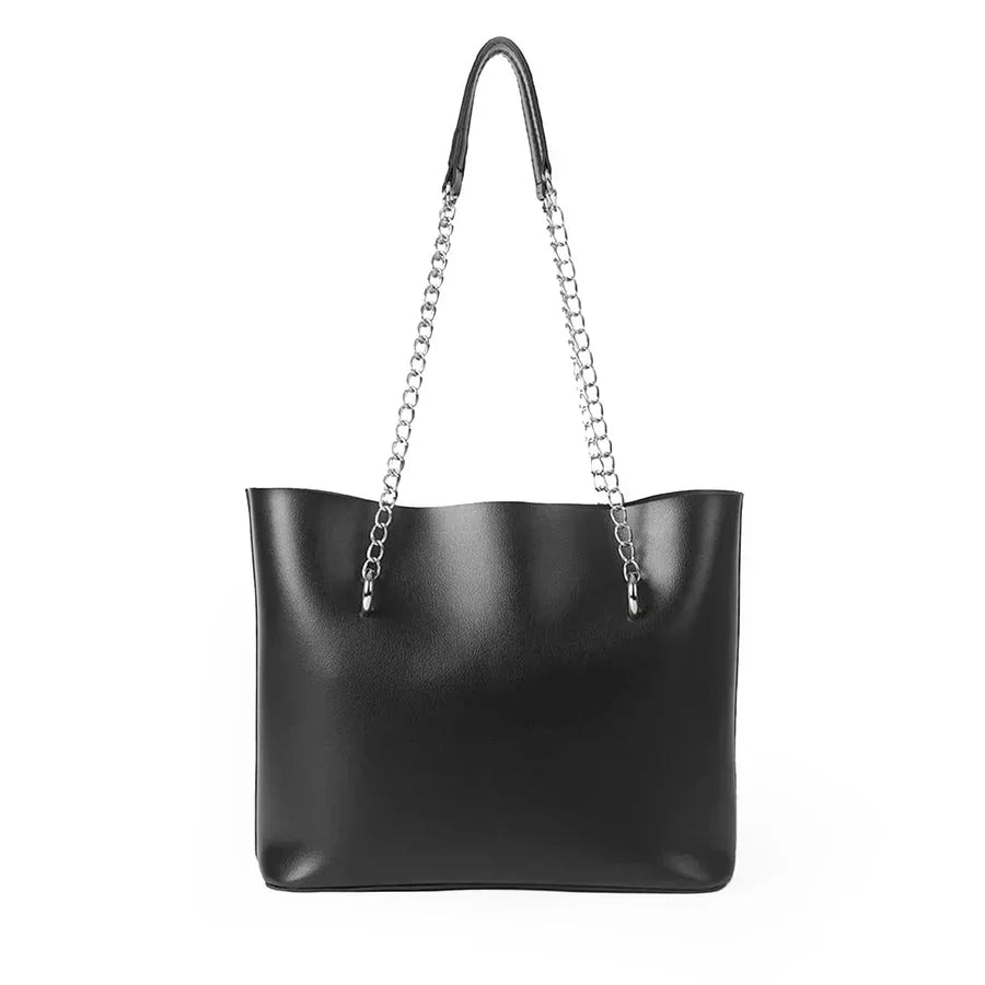 CHAIN STRAPS BLACK TOTE - Her style